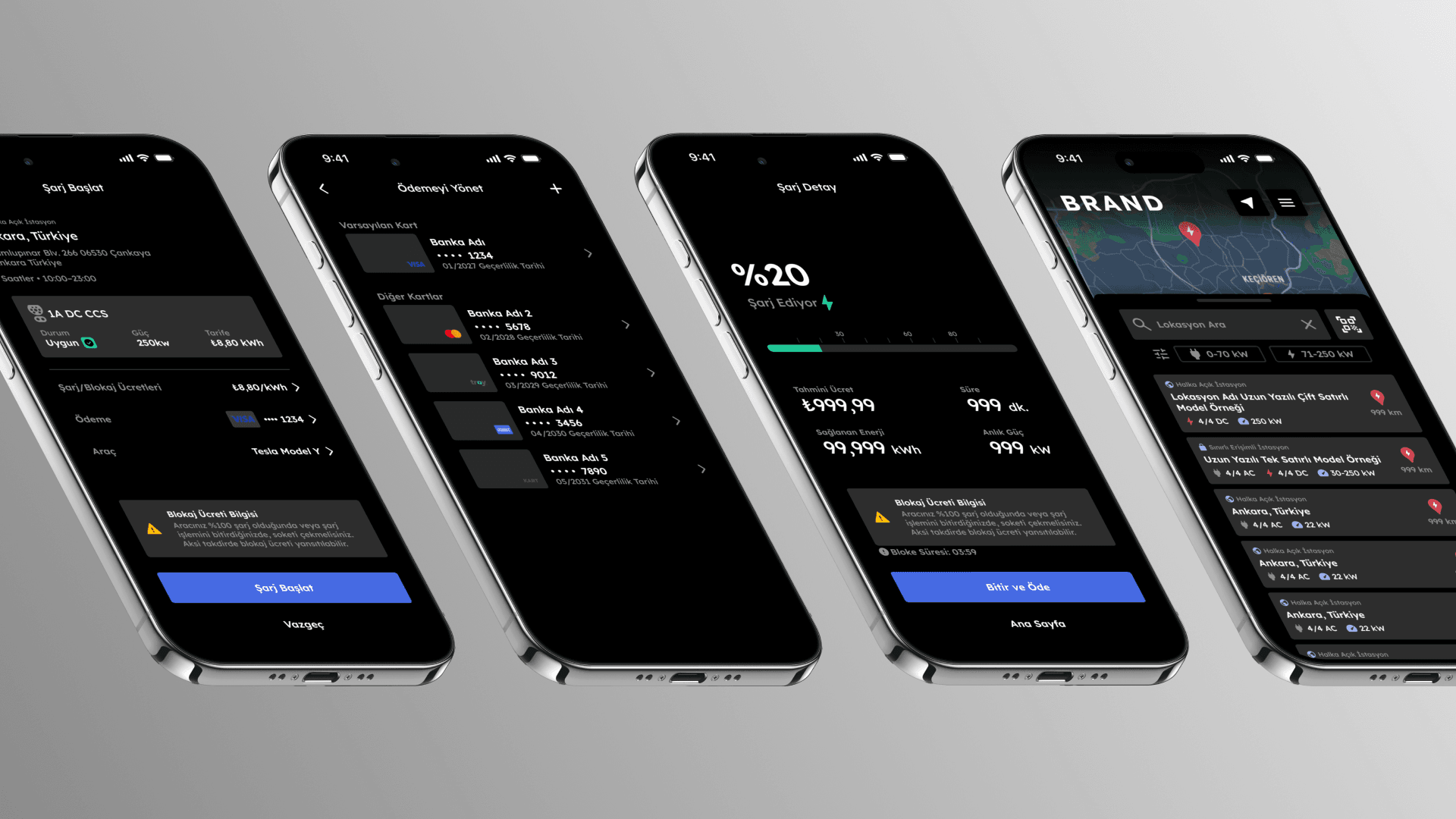 Prototype screens covering station selection, payment setup, active charging, and station search.
