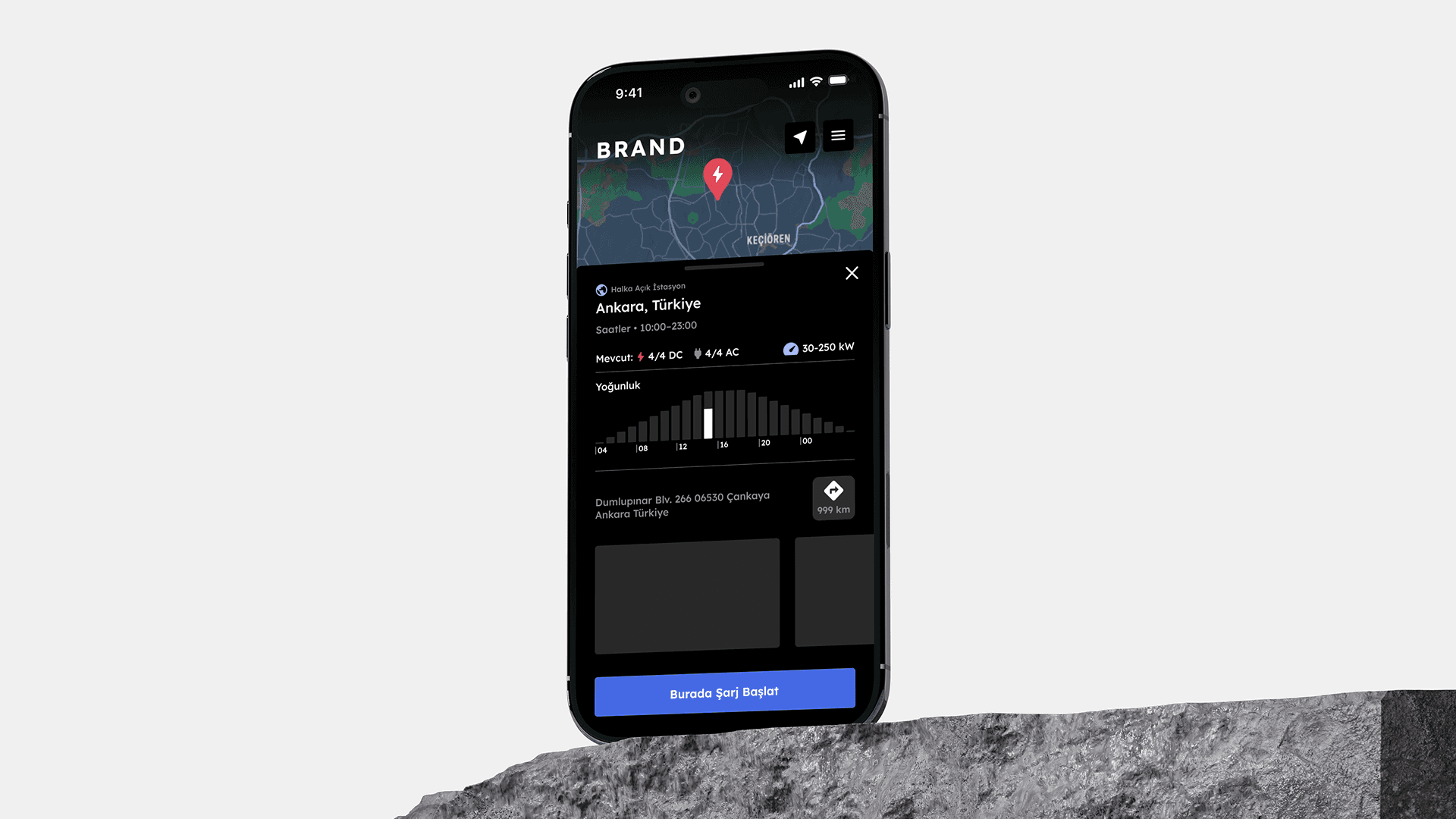Station detail view with live socket counts and an hourly AC/DC busyness chart.