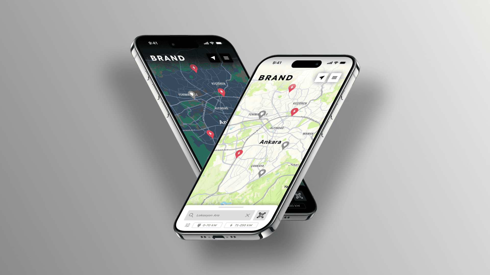 EV charging map screen in light and dark themes with live station pins and filters.