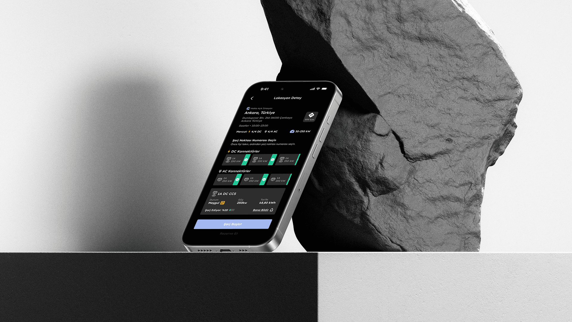 Station selection screen with connector states, live occupancy, pricing, and charge actions.