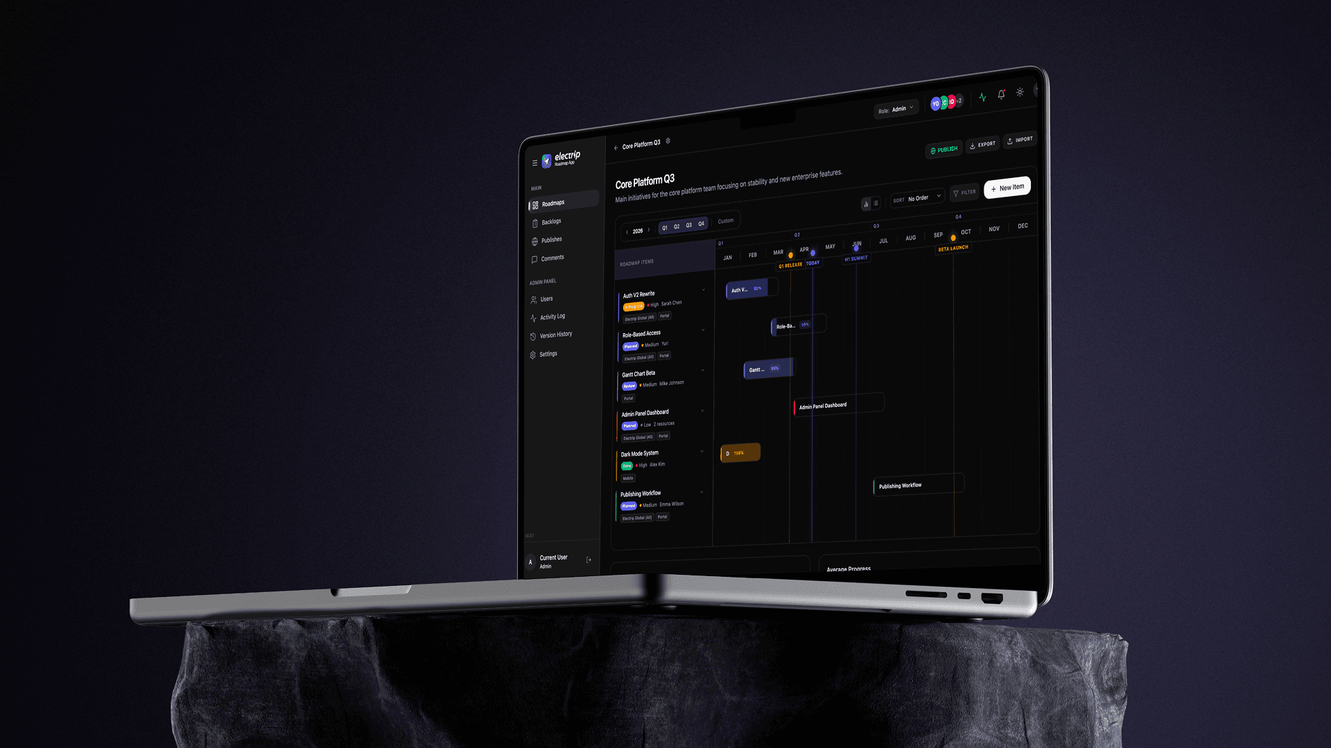 Roadmap Gantt view with milestone markers, timeline rows, and per-item health indicators.