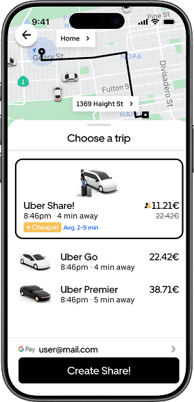 Ride selection screen with Uber Share listed first at half the price of a solo ride.