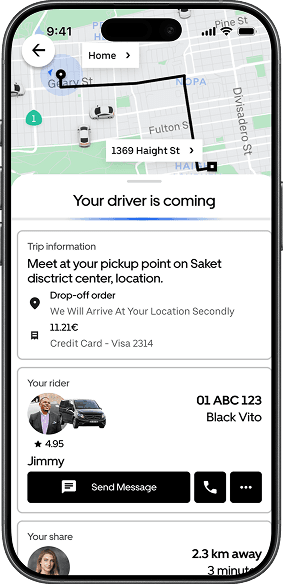 Driver coming screen with driver details, co-rider distance, and second-stop order for Rider 1.