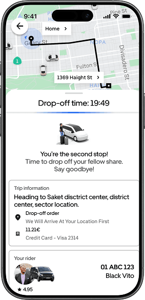 Drop-off screen showing Rider 1 as the second stop with co-rider rating at trip end.