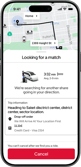 Matching screen showing the search state and the no-cancellation warning for User 1.