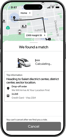 Match found screen showing route calculation and locked cancellation.