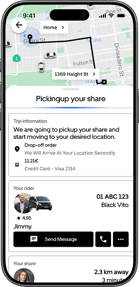 Pickup progress screen showing the driver heading to the co-rider before Rider 1.