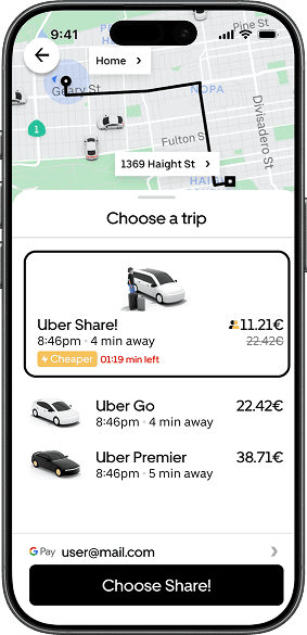 Pickup screen showing Rider 2 as the first rider collected with co-rider and driver details.
